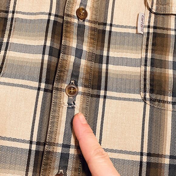 Carhartt Tartan Plaid Button Down Shirt Size XL Tall Work Brown Beige Tan Cotton - Picture 11 of 12